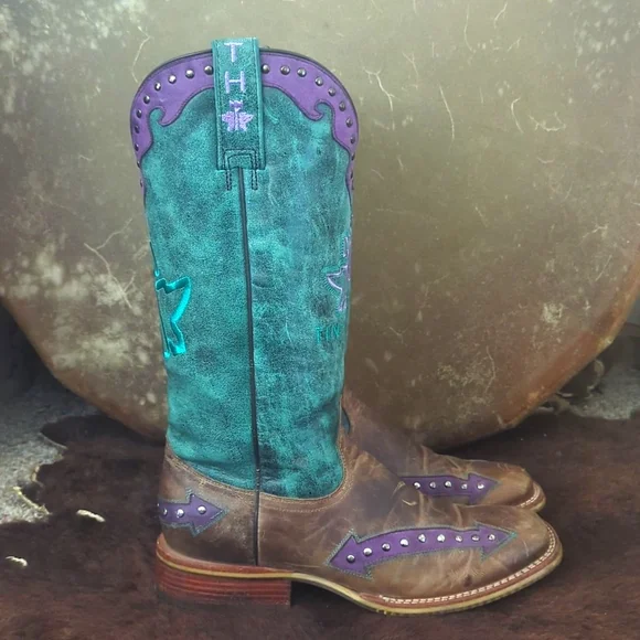 TIN HAUL ladies "WILD ROSE" cowboy boots brown/teal/purple leather Arrows sz 8 - Picture 7 of 16